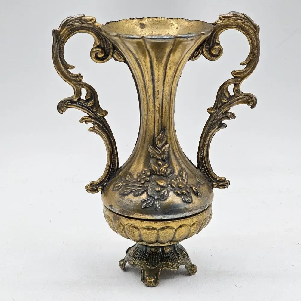 Vintage Italian Metal Bud Vase Gold Tone Ornate Floral Relief Scrolled Handles